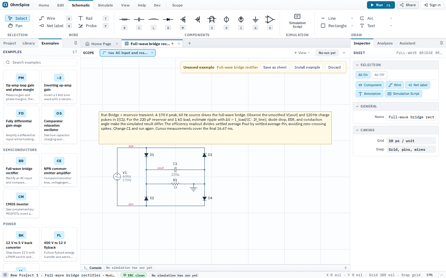 Editor showing the Full-wave bridge rectifier SPICE example as an unsaved schematic.