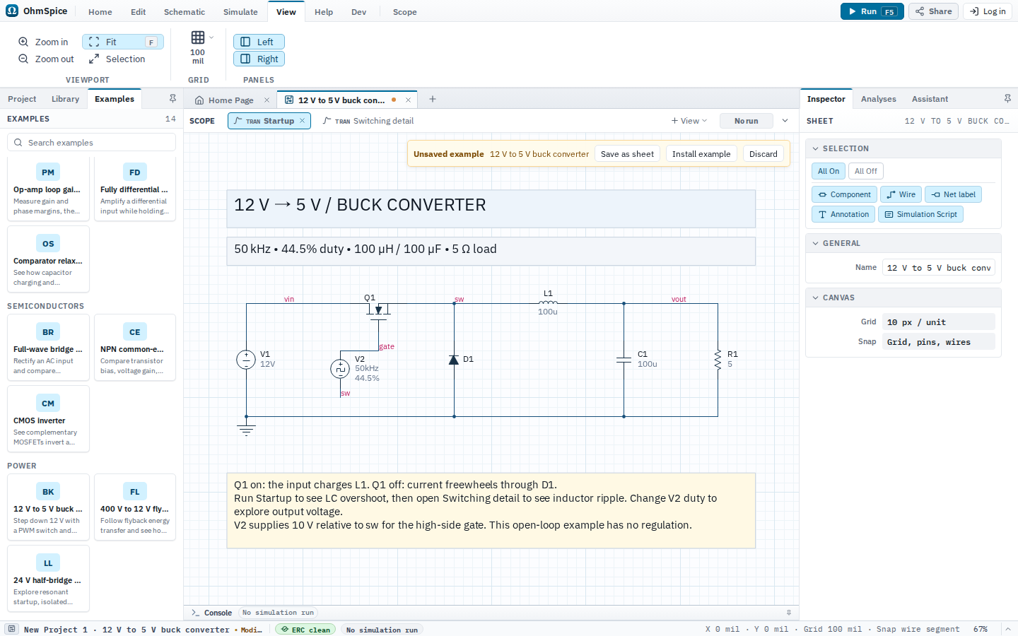 Editor showing the 12 V to 5 V buck converter SPICE example as an unsaved schematic.