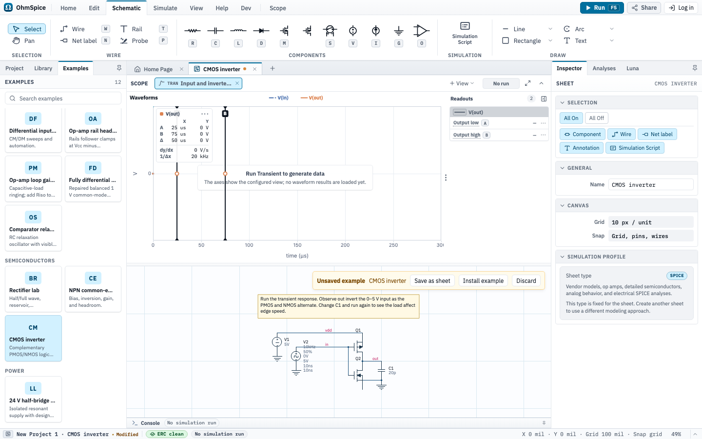 Editor showing the CMOS inverter SPICE example as an unsaved schematic.