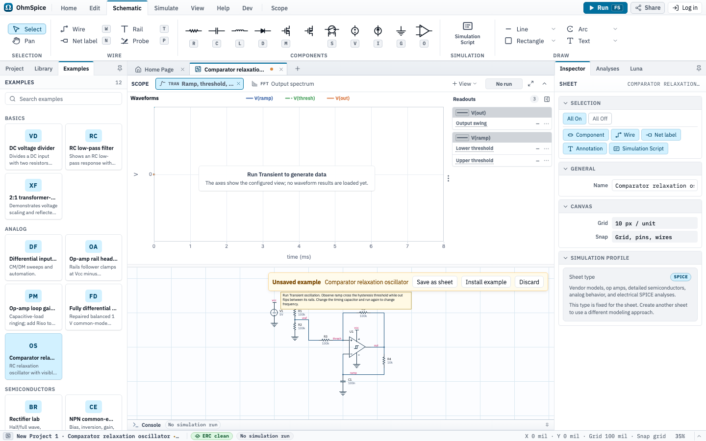 Editor showing the Comparator relaxation oscillator SPICE example as an unsaved schematic.