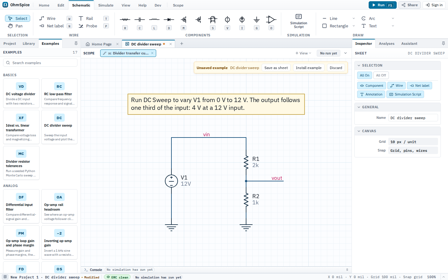 Editor showing the DC divider sweep SPICE example as an unsaved schematic.