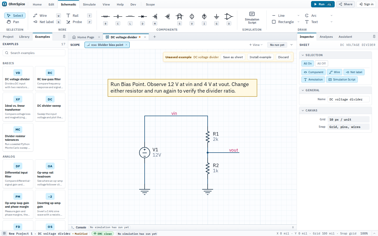 Editor showing the DC voltage divider SPICE example as an unsaved schematic.