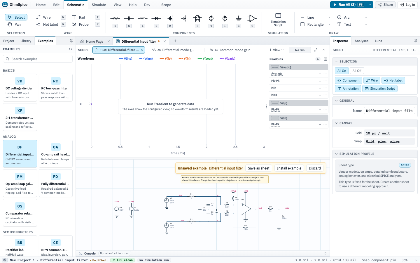 Editor showing the Differential input filter SPICE example as an unsaved schematic.