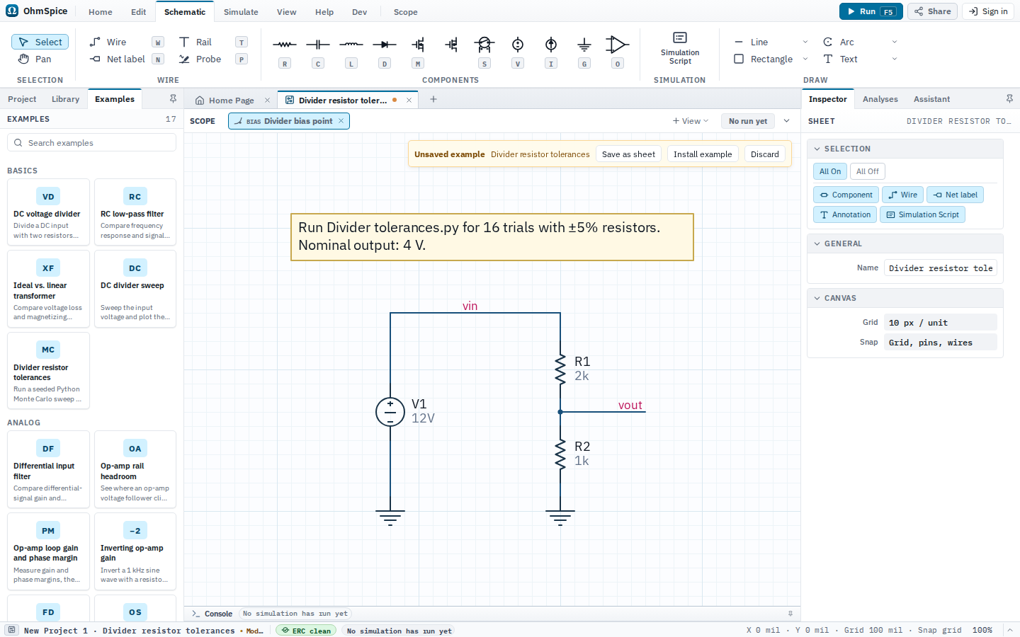 Editor showing the Divider resistor tolerances SPICE example as an unsaved schematic.