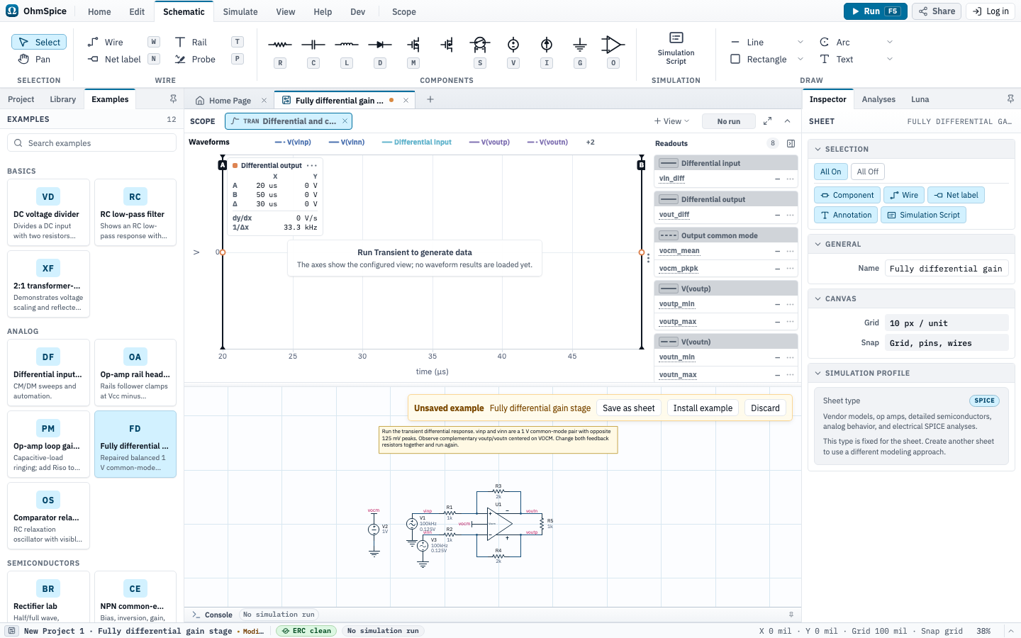 Editor showing the Fully differential gain stage SPICE example as an unsaved schematic.