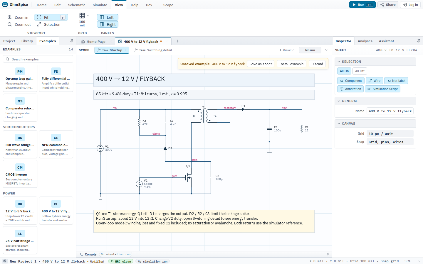 Editor showing the 400 V to 12 V flyback SPICE example as an unsaved schematic.