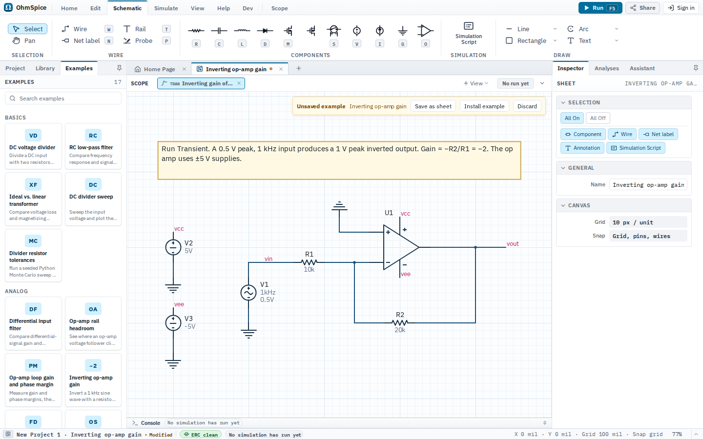 Editor showing the Inverting op-amp gain SPICE example as an unsaved schematic.