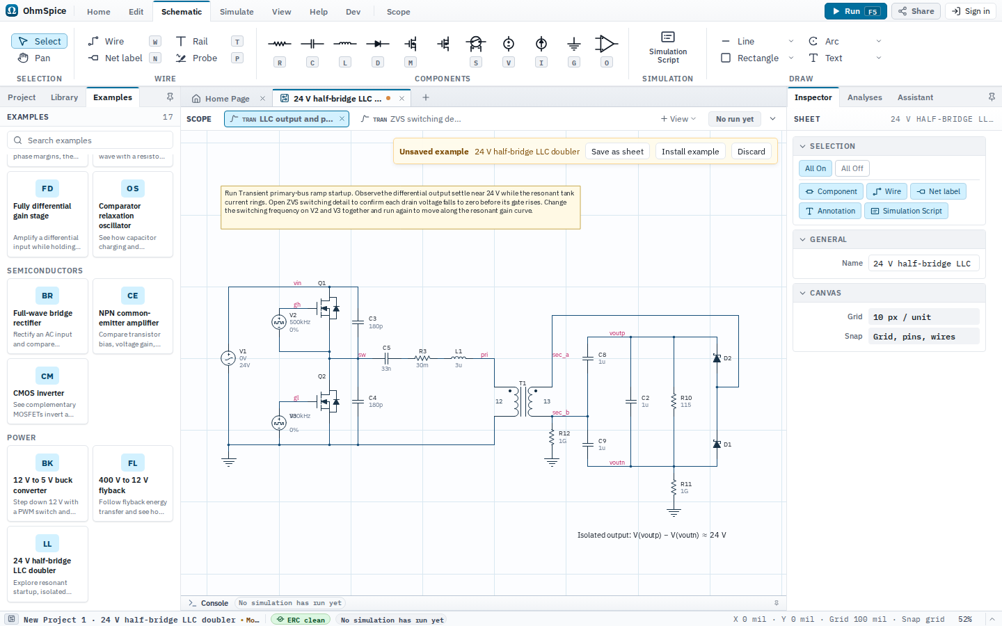 Editor showing the 24 V half-bridge LLC doubler SPICE example as an unsaved schematic.
