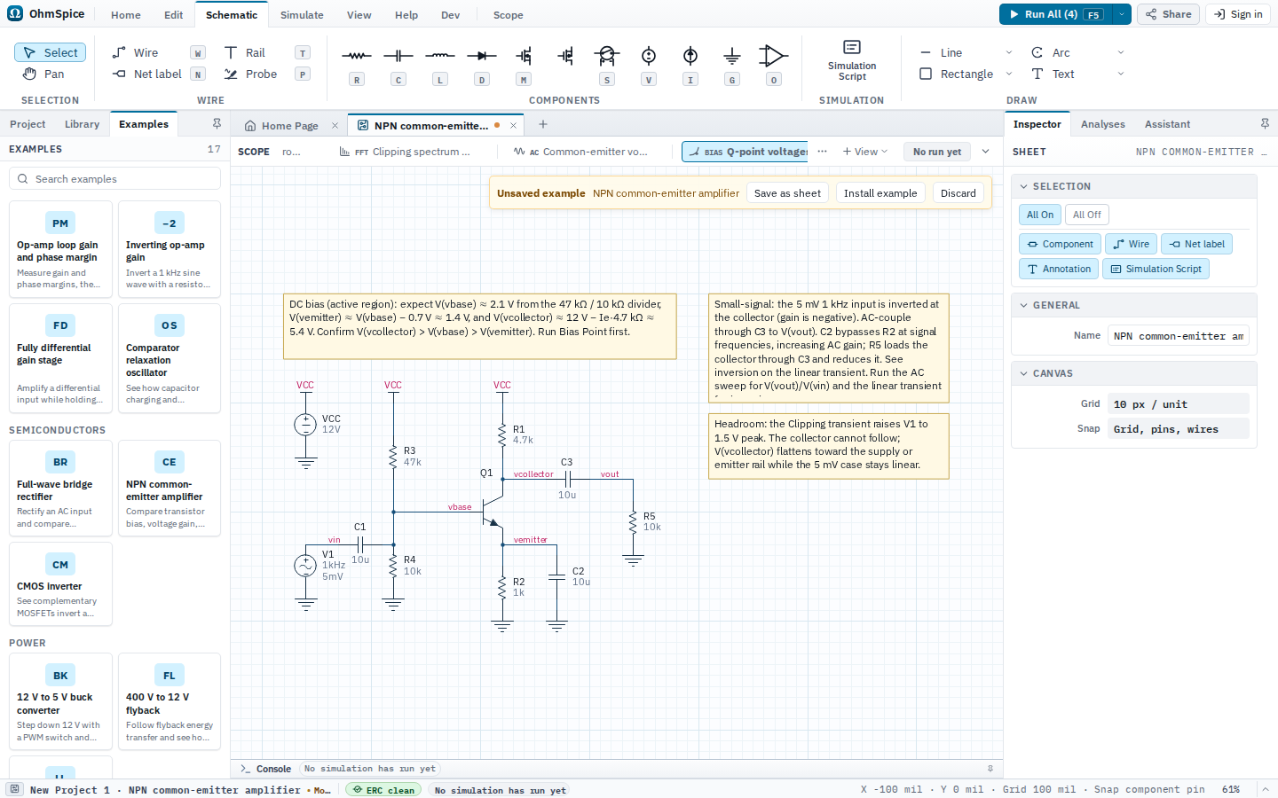 Editor showing the NPN common-emitter amplifier SPICE example as an unsaved schematic.