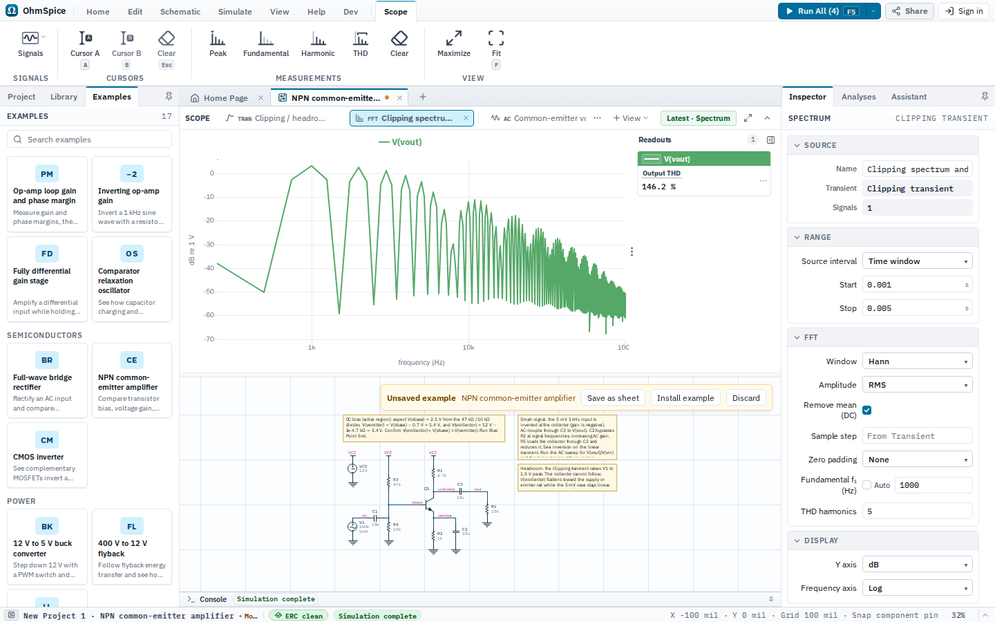 Scope showing the NPN common-emitter amplifier output spectrum and its total harmonic distortion.
