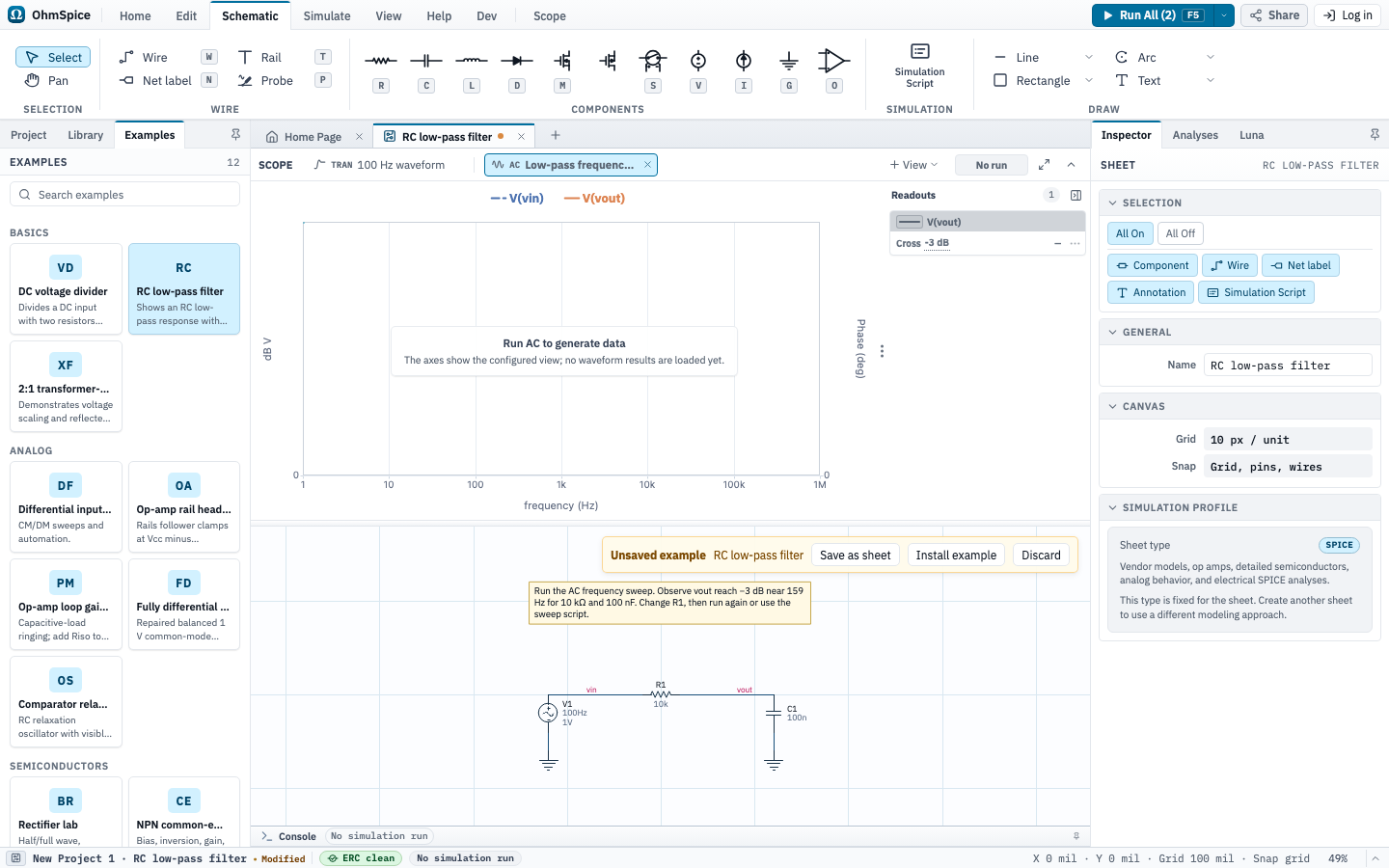 Editor showing the RC low-pass filter SPICE example as an unsaved schematic.