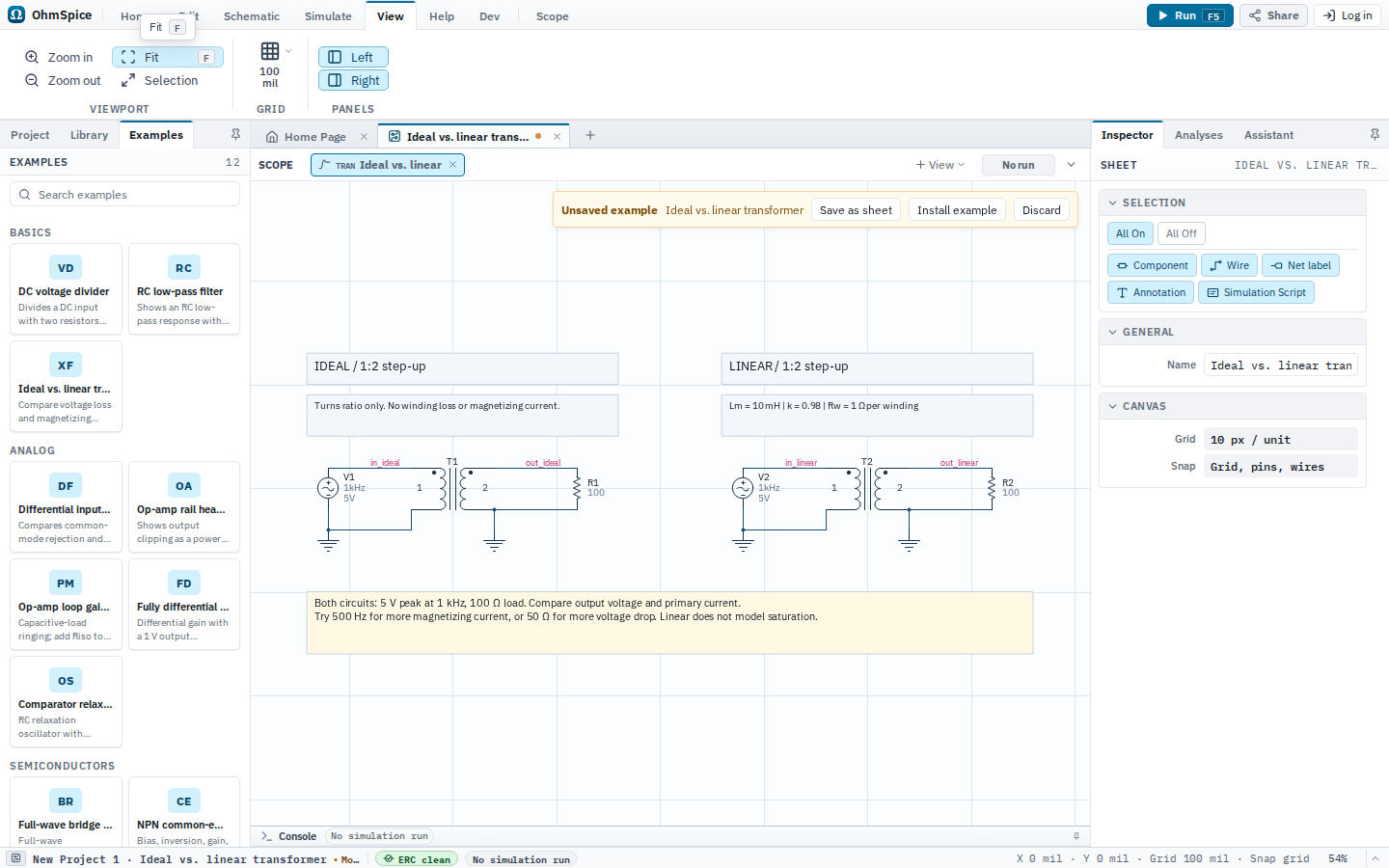 Editor showing the Ideal vs. linear transformer SPICE example as an unsaved schematic.