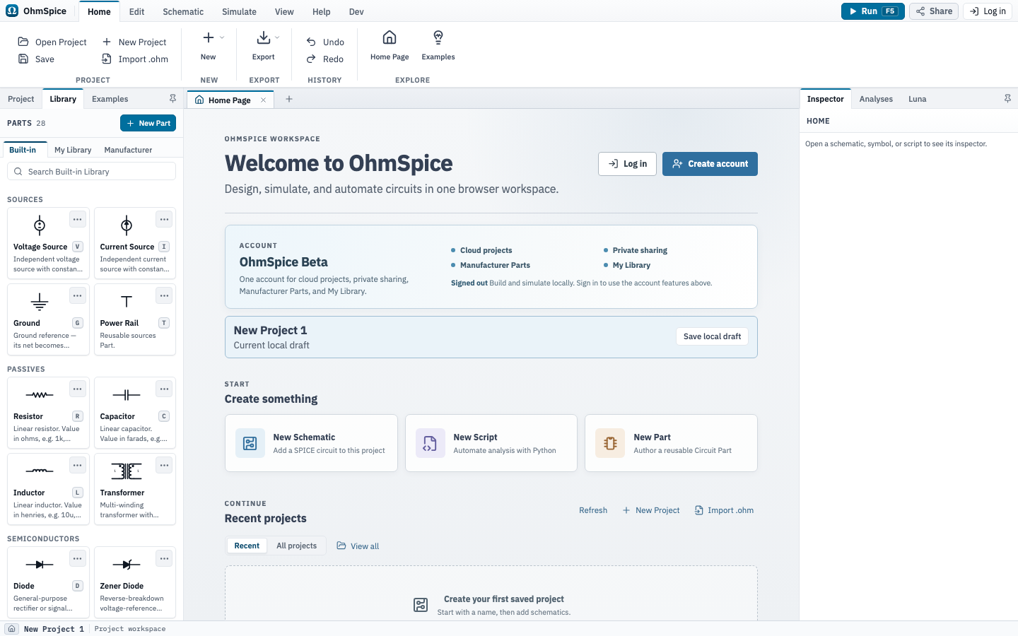 OhmSpice Home Page showing local project controls and document starters.