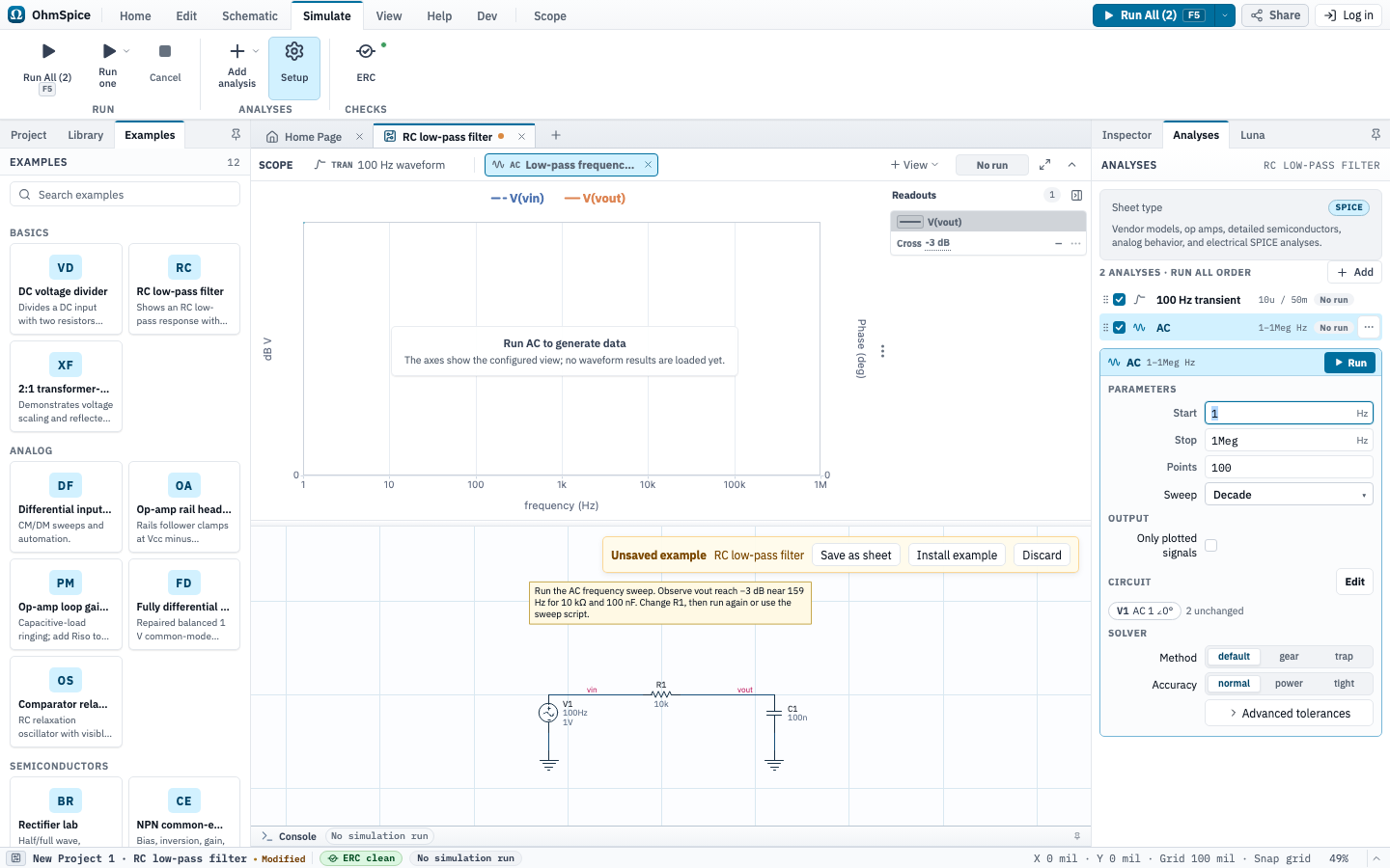 Analyses inspector showing the RC low-pass example's ordered AC and Transient analyses.