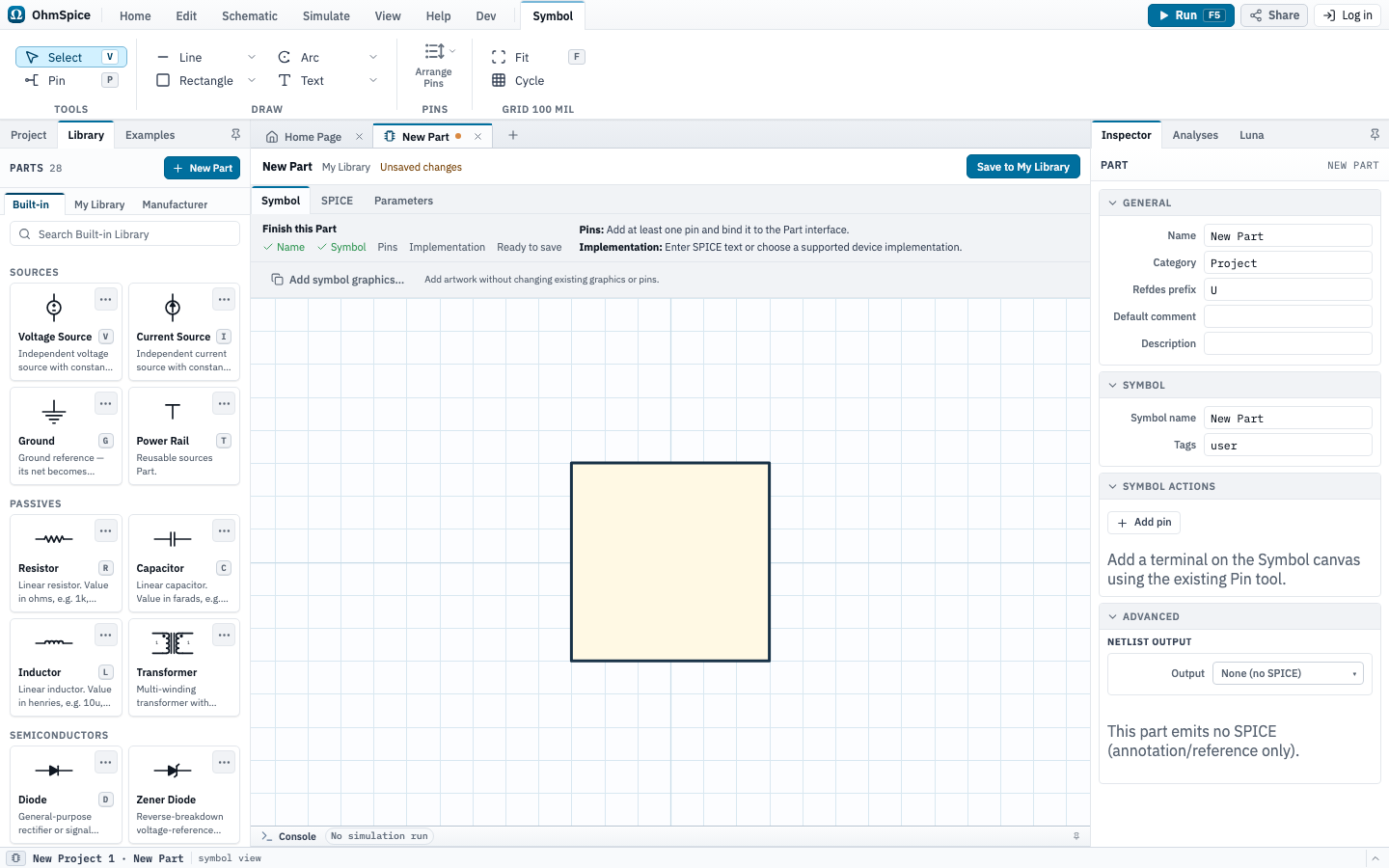 Blank SPICE Part authoring workspace showing Symbol, SPICE, and Parameters views.