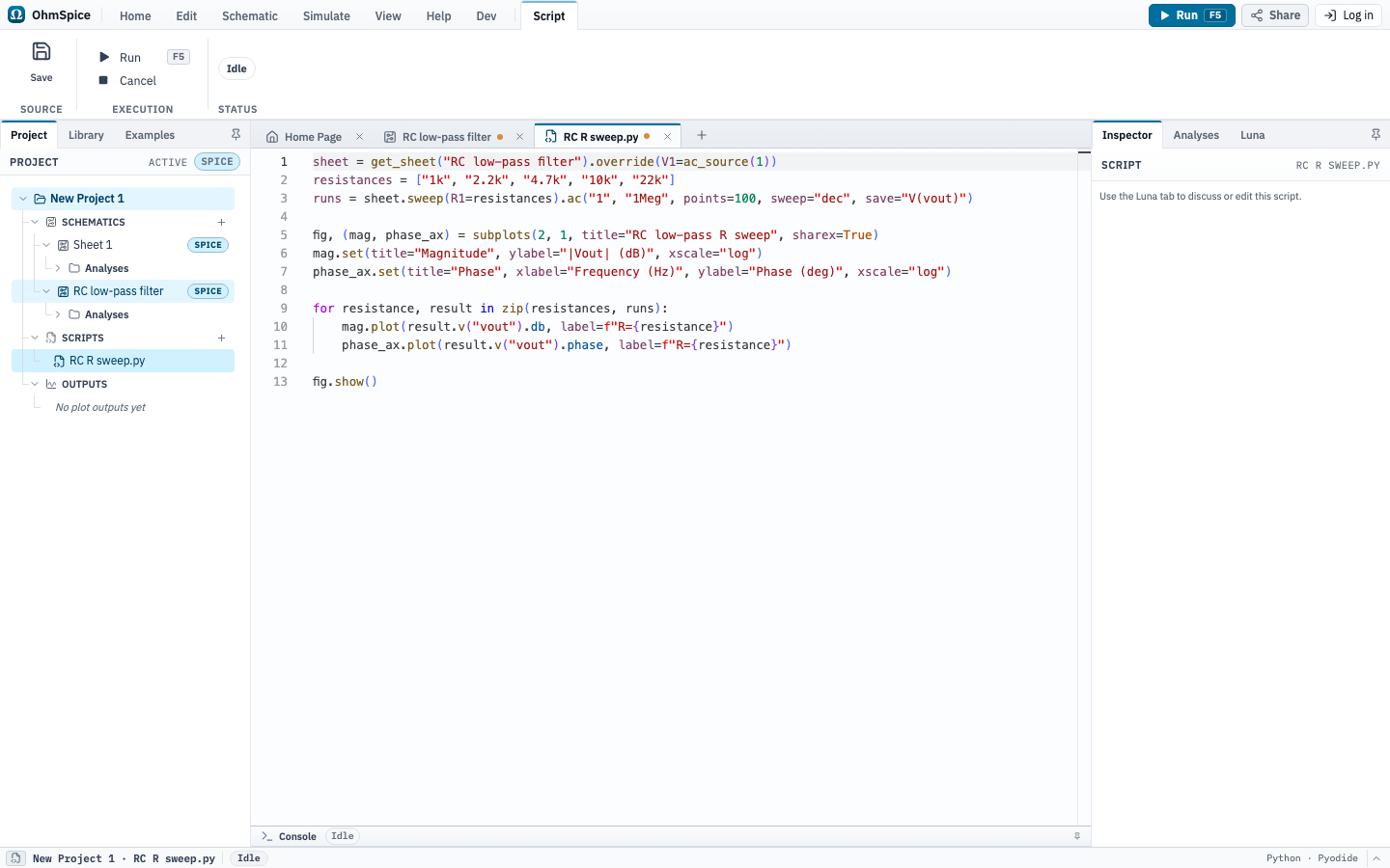 Python editor showing an OhmSpice analysis script with project-aware API code.