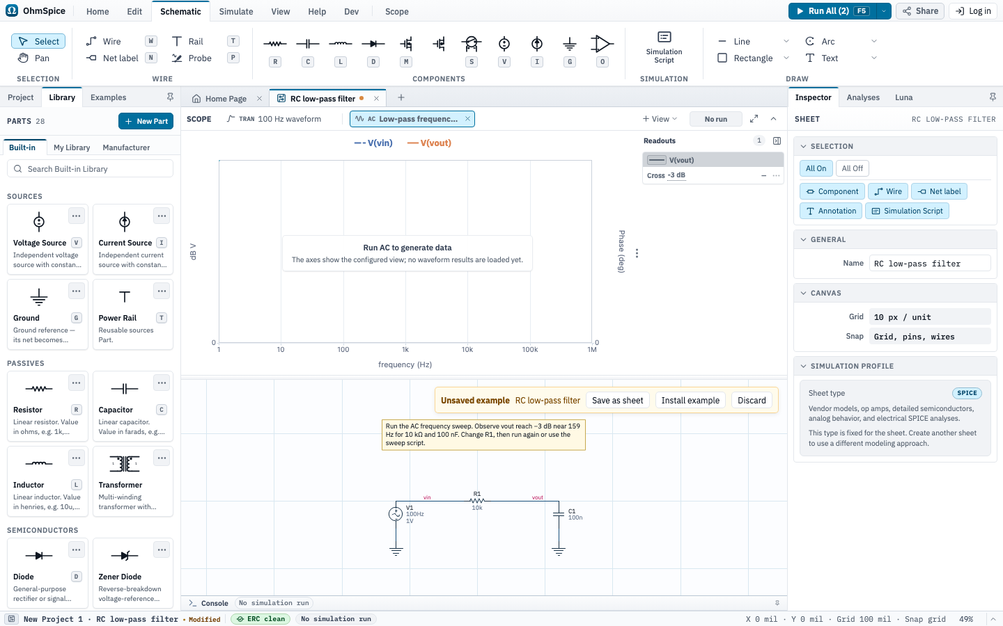 RC low-pass example open in the OhmSpice schematic editor.