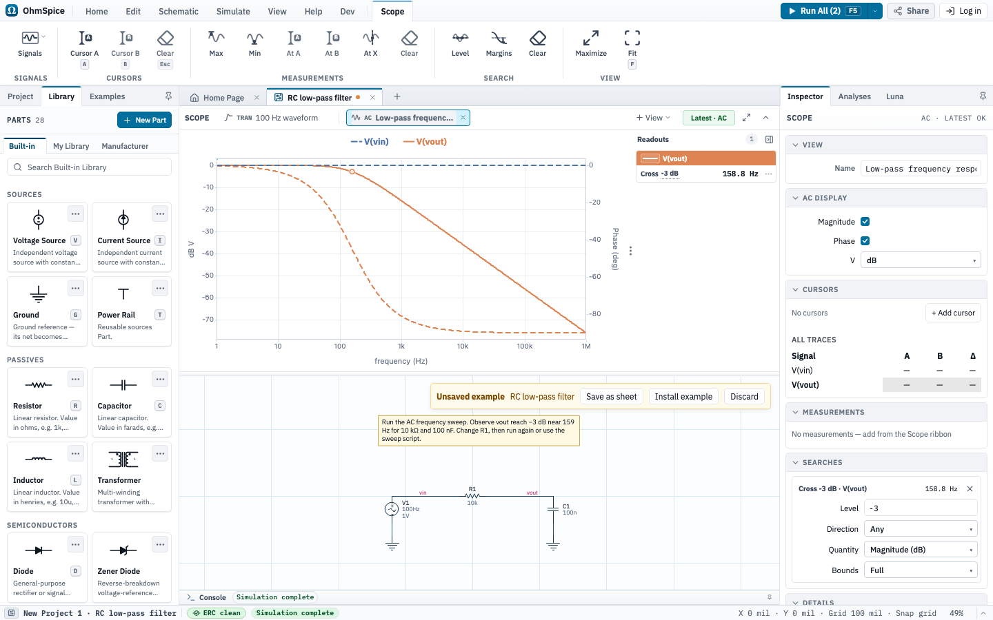 Scope showing input and output voltage traces for the RC low-pass AC analysis.